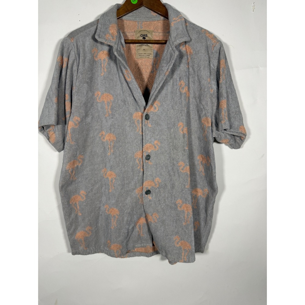 OAS Mens XL Flamingo Terry Cotton Shirt Grey Peach Short Sleeve Button Down - Picture 2 of 8